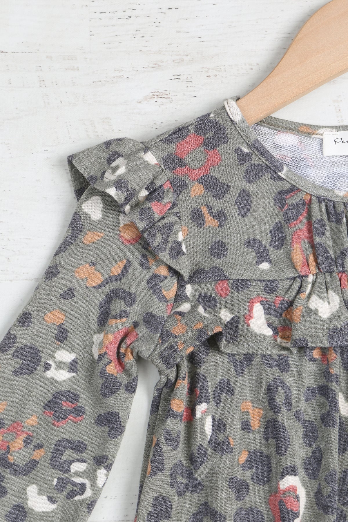 72488f12f23a121061229ffbcfac4d8a.jpeg Girls Shirring Ruffle Detail Long Sleeve Animal Print Tunic Dress PPD10726TK-OV - Image 1