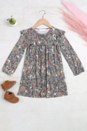 Girls Shirring Ruffle Detail Long Sleeve Animal Print Tunic Dress PPD10726TK-OV - Image 2